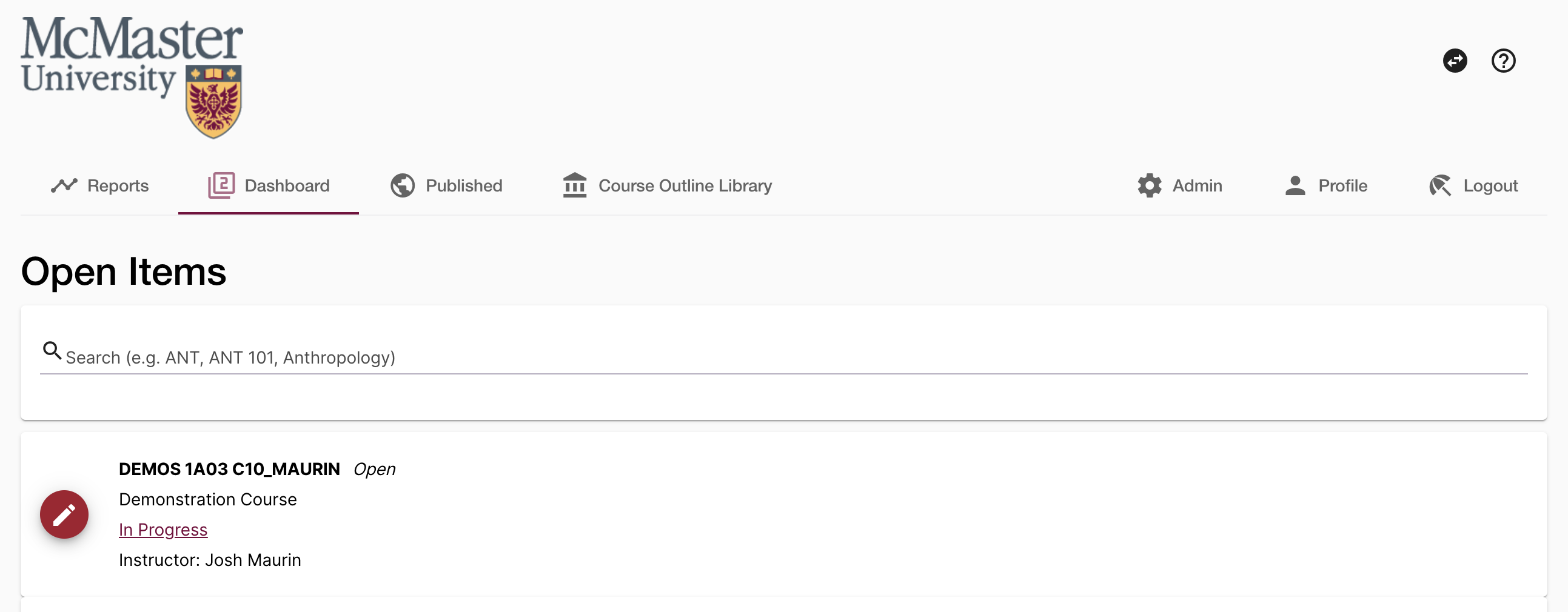 The old version of the Simple Syllabus dashboard. It is primarily white with a few tabs along the top reading Course Outline Library, Published, Profile, and Log Out. There is a single course on the dashboard.